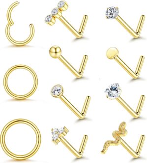 Jstyle 14K Gold Filled Nose Rings for Women 18G 20G Nose Rings Studs Hypoallergenic 316L Stainless Steel Round CZ Heart Snake Nostril Piercing Jewelry 6/8/10MM Hoop