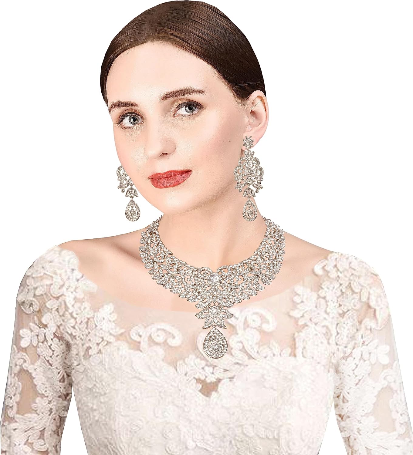 Touchstone Hollywood Glamour Pretty Filigree Paisley Motif Rhinestones Studded Diamond Look Designer Bridal Jewelry Hasli Necklace Set For Women In Antique Gold or White or Silver Tone. - Image 2