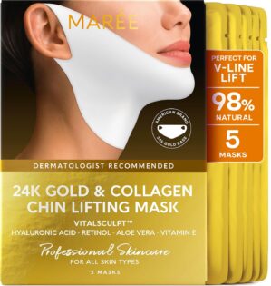 MAREE Collagen Facial Mask with Hyaluronic Acid – Hydrating Face Masks Skincare – Mascarillas Faciales For Women Skin Care – Gold, 5 Count