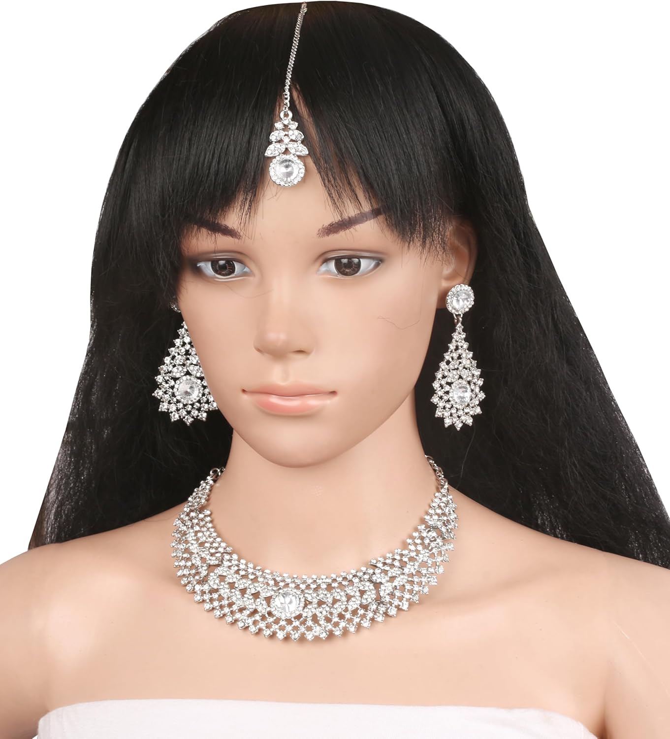 Touchstone Indian jewelry set for women rhinestone bridal necklace statement wedding brides earring formal big designer collar style trendy desi rhinestones maang tikka fashion in gold or silver tone - Image 2