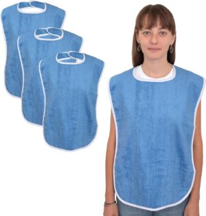 Elaine Karen 3 Pack Premium Adult Bibs – bibs for adults Men, Women; Eating Cloth for Elderly Seniors and Disabled, Adjustable, Terry bib Clothing Protectors, Machine Washable, Blue