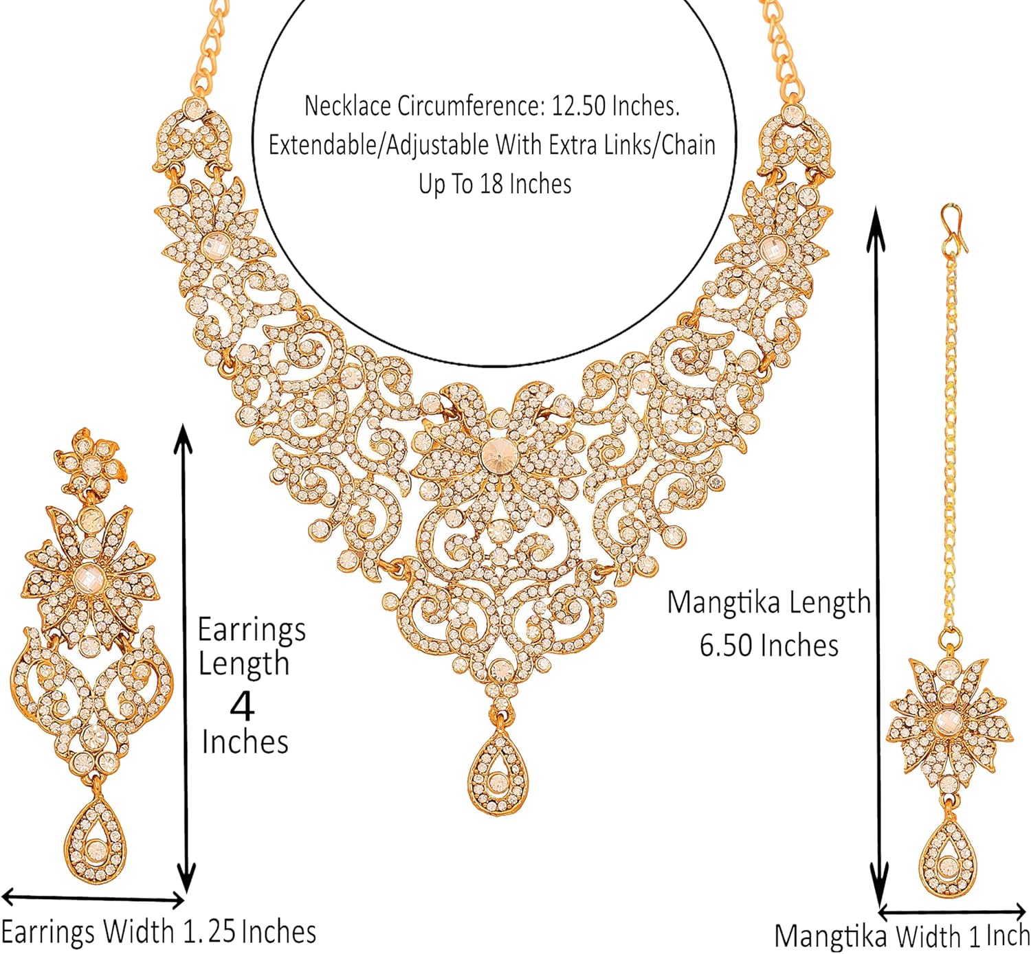 Touchstone Indian Jewelry Sets for Women Bollywood Wedding Bridal Necklace desi Earrings Formal Fancy Rhinestone India Designer Jewellery Punjabi Tikka Set in Antique Gold or Silver or White Tone - Image 3