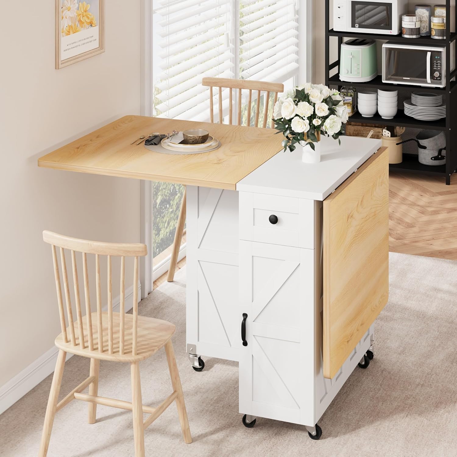 Space Saving Folding Dining Table, Farmhouse Foldable Dining Table with Drawer and 2-Layer Storage Shelf, 6 Wheels Multipose Expandable Kitchen Drop Leaf Table for Small Space (Pear Wood White) - Image 5
