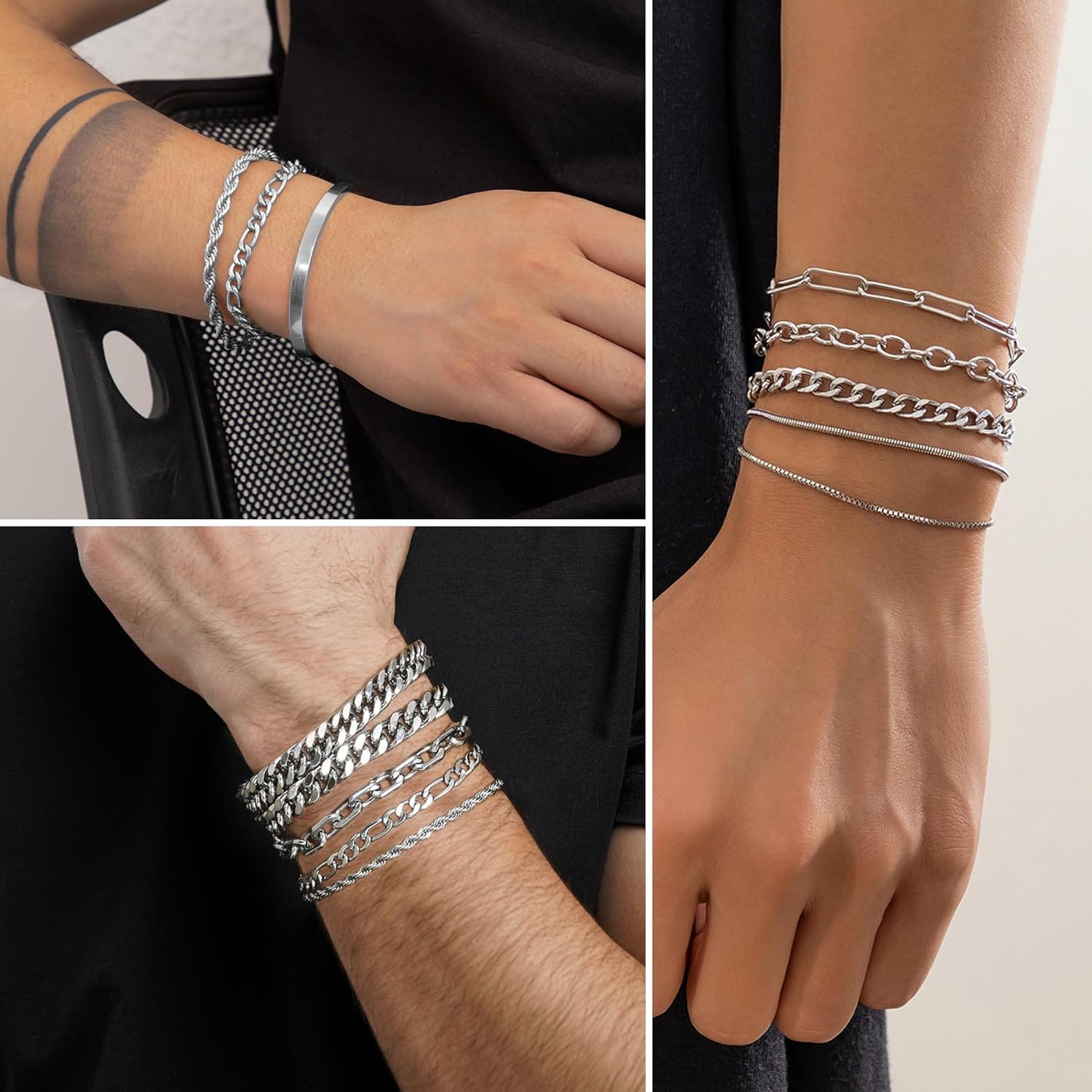 33 Pcs Silver Jewelry Set for Men Stainless Steel Band Ring Cuban Link Necklace Bracelet Hoop Stud Earrings Mens Jewelry Set - Image 4