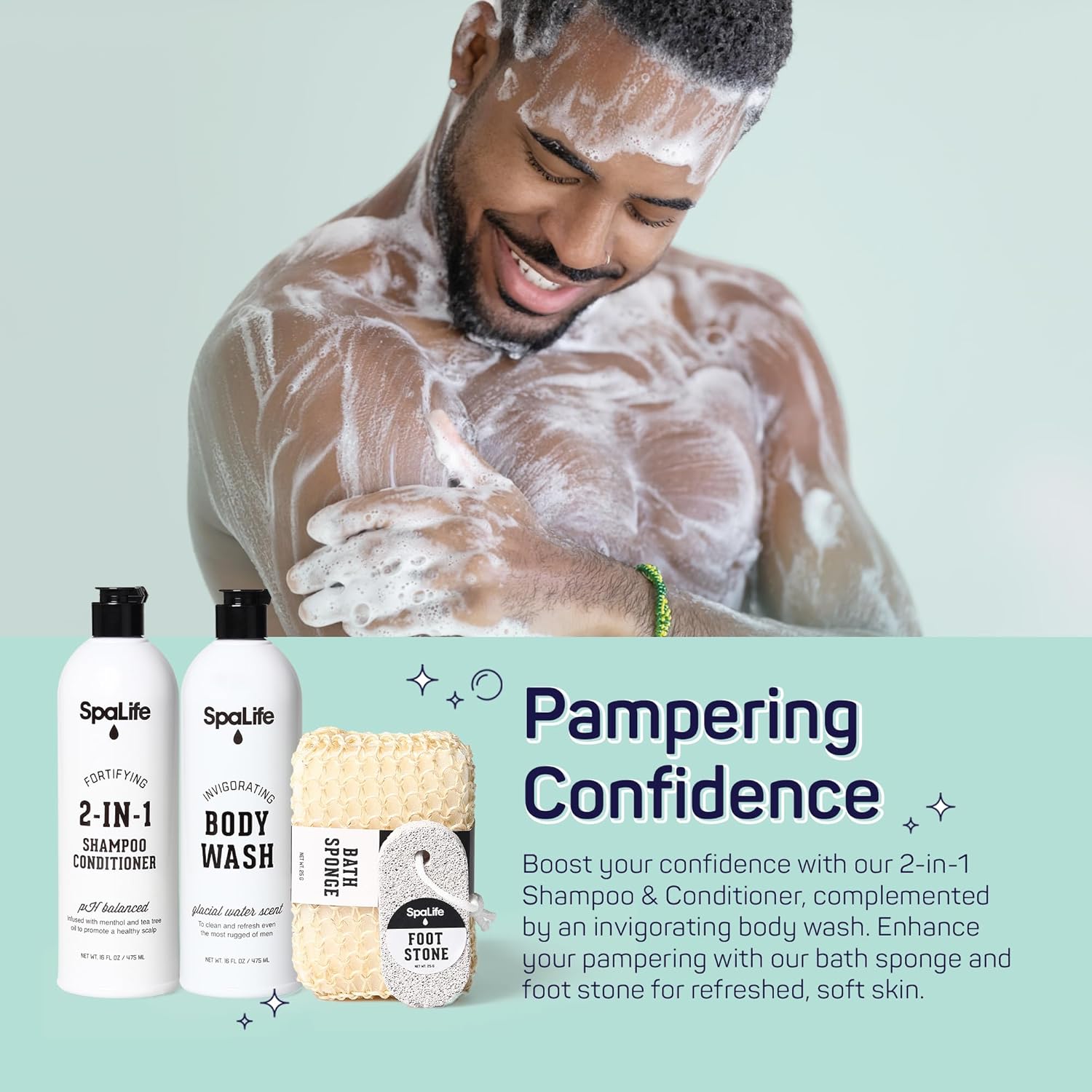 SpaLife 7-Piece Bath and Body Men Grooming Gift Set - 2-in-1 Shampoo & Conditioner, Body Wash, Daily Moisturizer, Post-Shave Lotion, Bath Sponge & Foot Stone for Luxurious At-Home Spa - Image 6