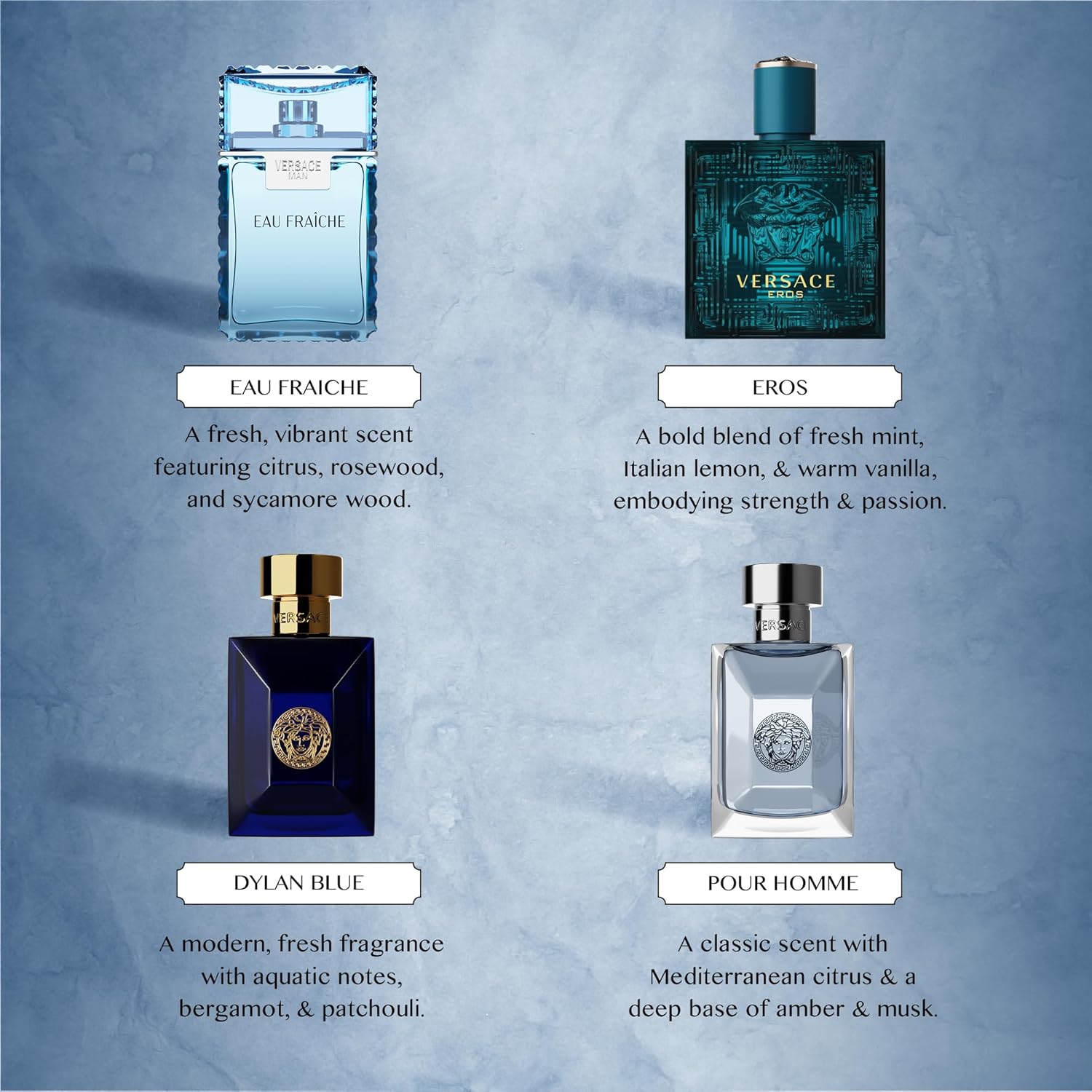 Versace Cologne for Men Set of 4 Mini Eros, Pour Homme, Dylan Blue, Eau Fraiche Perfume for Men Fragrance Sampler Set - Designer Mens Cologne Samples (4 Count, 0.17 oz) - Image 2