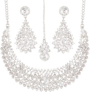 Touchstone Indian jewelry set for women rhinestone bridal necklace statement wedding brides earring formal big designer collar style trendy desi rhinestones maang tikka fashion in gold or silver tone
