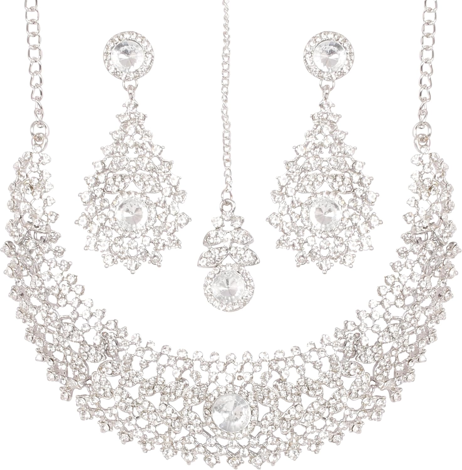 Touchstone Indian jewelry set for women rhinestone bridal necklace statement wedding brides earring formal big designer collar style trendy desi rhinestones maang tikka fashion in gold or silver tone
