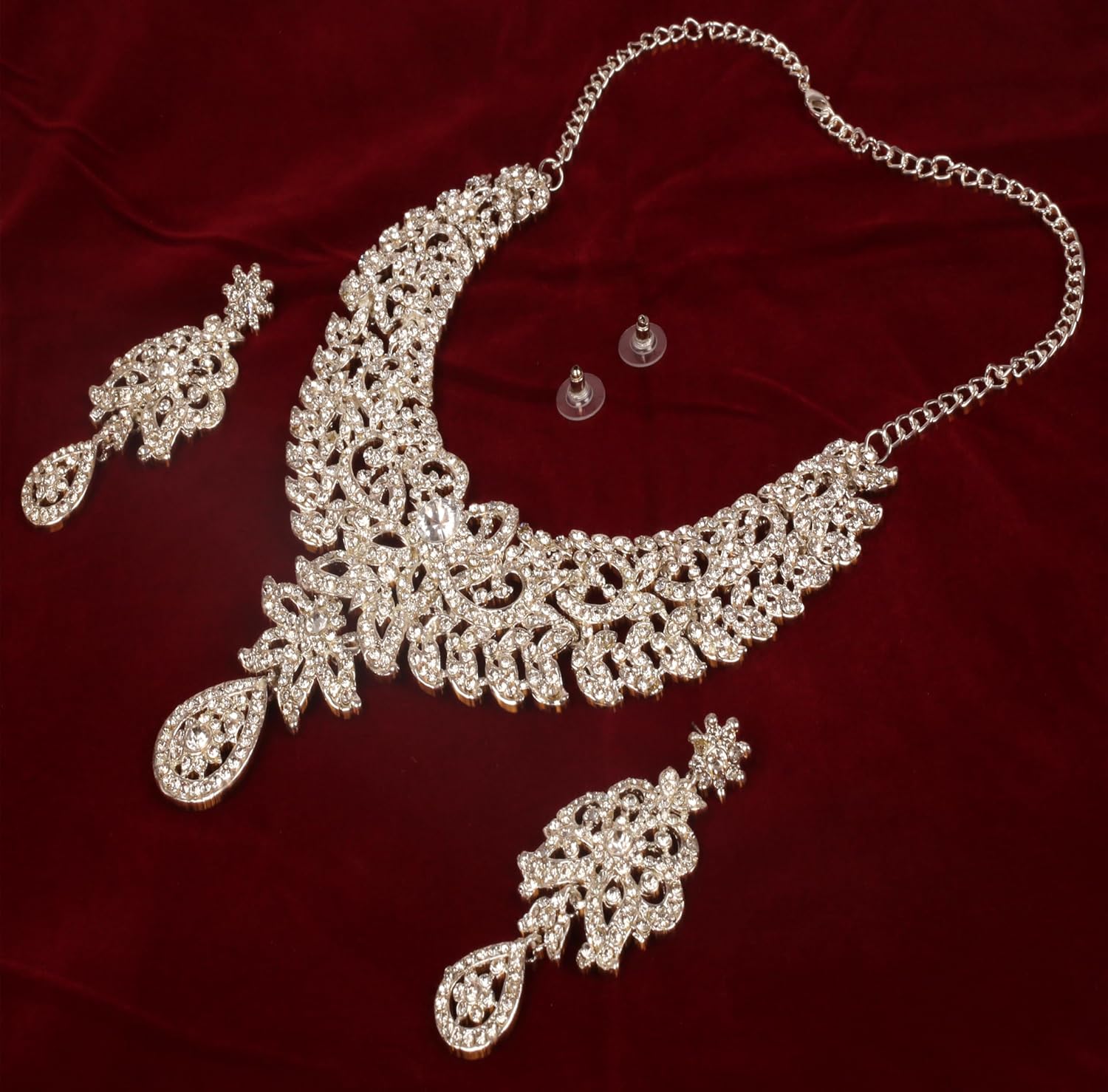 Touchstone Hollywood Glamour Pretty Filigree Paisley Motif Rhinestones Studded Diamond Look Designer Bridal Jewelry Hasli Necklace Set For Women In Antique Gold or White or Silver Tone. - Image 4