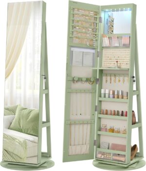 SONGMICS 6 LEDs Lockable Mirror Jewelry Cabinet, 360° Swivel Jewelry Organizer Armoire Standing, Frameless Full-Length Mirror, 3 Storage Shelves, Laurel Green Surface, Cream White Lining UJJC007C01