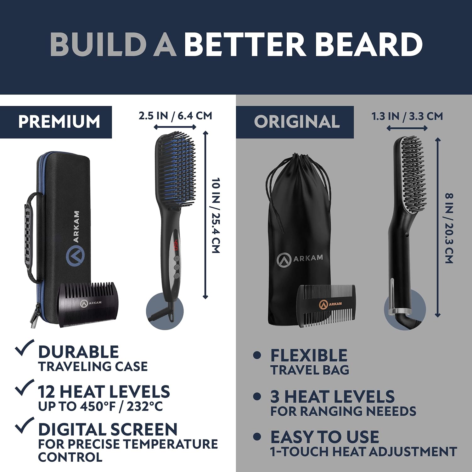 Arkam Beard Straightener for Men -Premium Heated Beard Brush Kit w/Anti-Scald Feature, Dual Action Hair Comb and Hard Shell Travel Case for Medium to Long Beards - Costume and Grooming Gifts for Men - Image 6