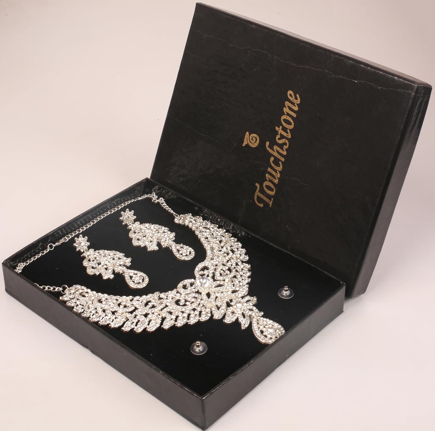 Touchstone Hollywood Glamour Pretty Filigree Paisley Motif Rhinestones Studded Diamond Look Designer Bridal Jewelry Hasli Necklace Set For Women In Antique Gold or White or Silver Tone. - Image 5