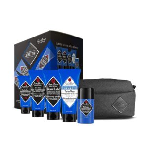 Jack Black Jetsetter Set for Men – Face Moisturizer SPF 20, Daily Facial Cleanser, Beard Lube Shave Oil & Shave Cream, Dual-Purpose Mens Body Wash, Pit Boss Men’s Deodorant, and a Luxury Travel Bag