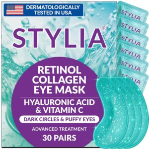 Stylia Under Eye Patches for Puffy Eyes and Dark Circles (30 Pairs) – Marine Collagen Under Eye Mask with Retinol, Vitamin C, Hyaluronic Acid, Pearl Extract – Eye Masks for Dark Circles and Puffiness