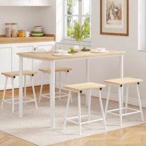 VECELO Kitchen Table and Chairs for 4, Dining Room Set with Chairs/Stools, Heavy-Duty Metal Frame with Wooden Tabletop for Small Spaces, Easy Assembly, Oak/White