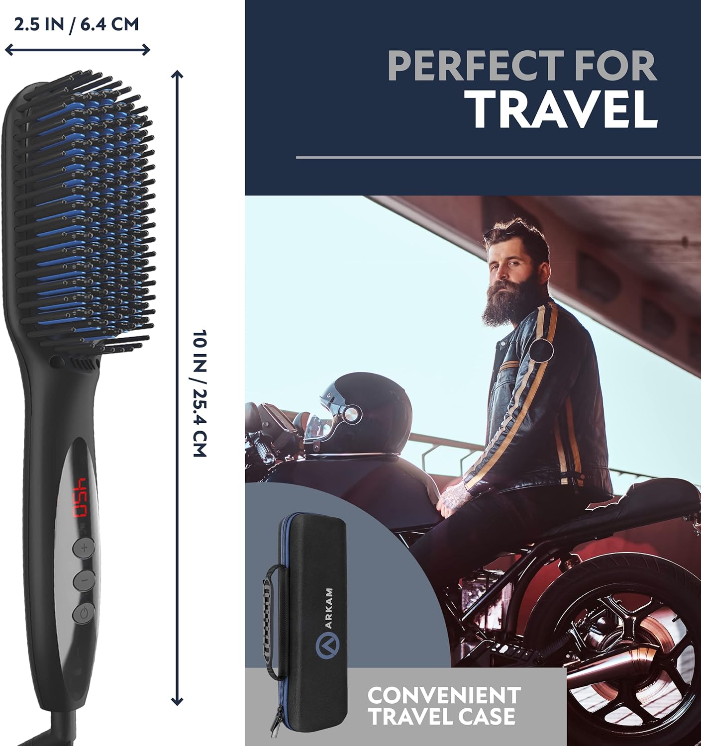 Arkam Beard Straightener for Men -Premium Heated Beard Brush Kit w/Anti-Scald Feature, Dual Action Hair Comb and Hard Shell Travel Case for Medium to Long Beards - Costume and Grooming Gifts for Men - Image 8