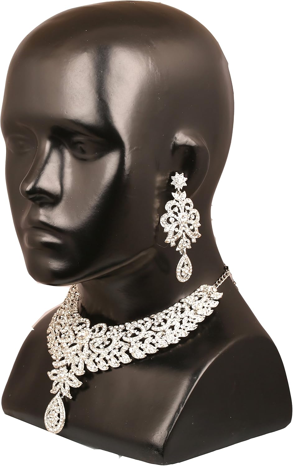 Touchstone Hollywood Glamour Pretty Filigree Paisley Motif Rhinestones Studded Diamond Look Designer Bridal Jewelry Hasli Necklace Set For Women In Antique Gold or White or Silver Tone. - Image 6