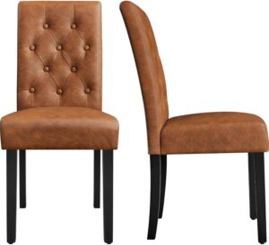 Yaheetech Dining Chairs Set of 2 Modern Style Faux Leather Dining Room Chairs with Solid Wood Legs and Button Tufted Padded for Home Kitchen and Restaurant, Retro Brown