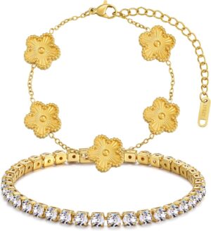 Stackable Four Leaf Clover Bracelets for Women, Tennis Bangle Bracelets Set for Women, 2 Pcs Trendy Jewelry Gifts