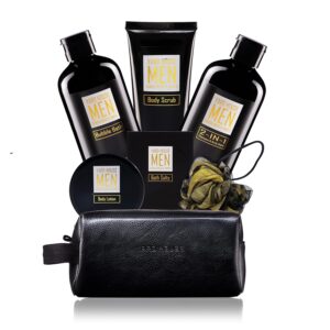 Bath and Body Spa Gift Baskets Set for Men – Sandalwood Amber – 7Pc Full Size Spa Kit in Toiletry Bag – Fathers Day Gifts For Husband, Dad From Wife, Daughter Son, Birthday Gifts For Him