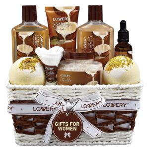 Gifts For Women Gift Basket for Women– 9 Piece Set of Vanilla Coconut Home Spa Set, Includes Fragrant Lotions, Extra Large Bath Bombs, Coconut Oil, Luxurious Bath Towel & More