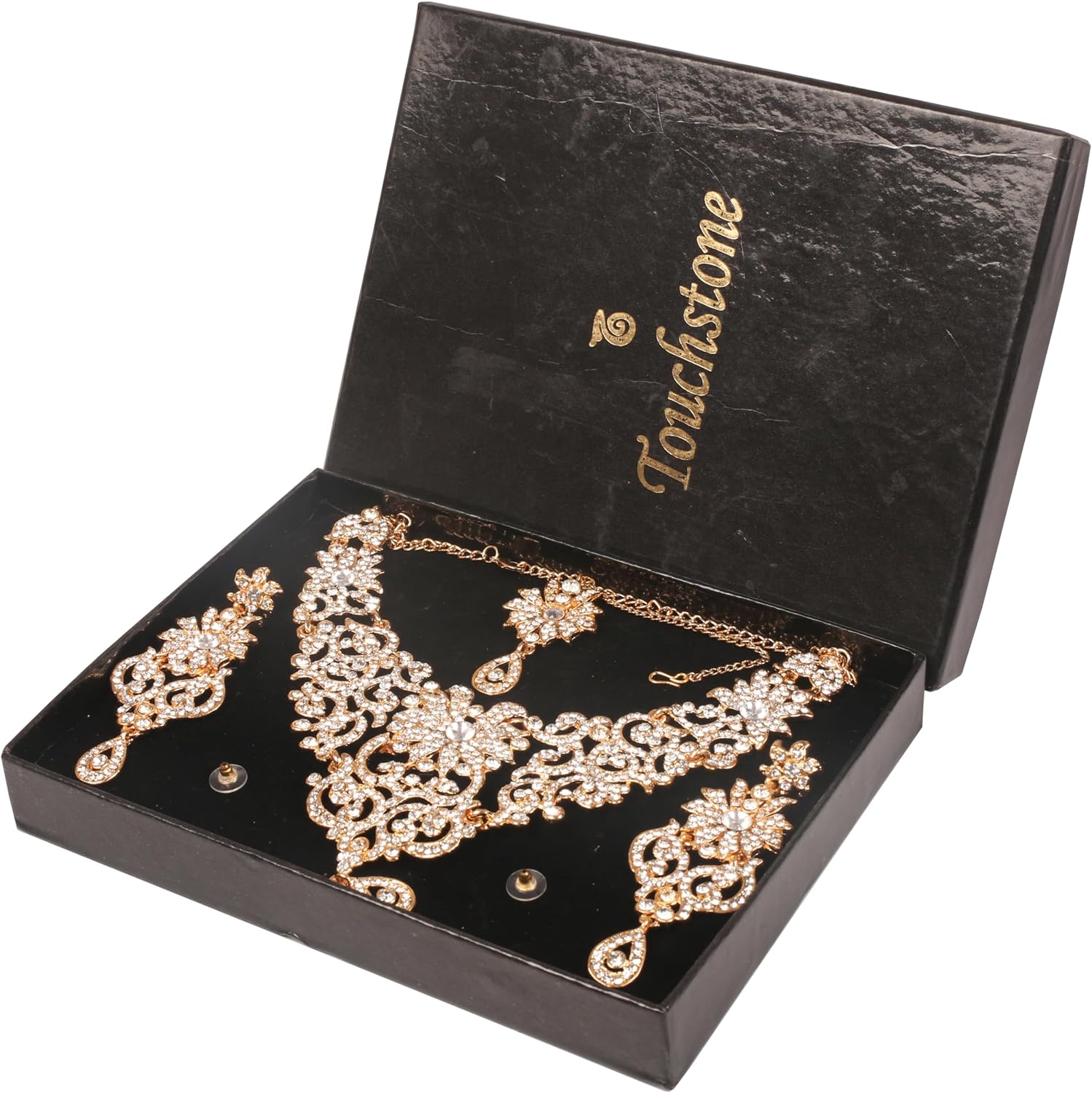 Touchstone Indian Jewelry Sets for Women Bollywood Wedding Bridal Necklace desi Earrings Formal Fancy Rhinestone India Designer Jewellery Punjabi Tikka Set in Antique Gold or Silver or White Tone - Image 6