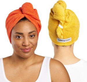 Turbie Twist 2-Pack Microfiber Hair Towel for Beauty, Travel, Gifting – Wrap Turban for Straight, Wavy & Curly Hair – Premium Personal Care- Golden Rod & Orangeade
