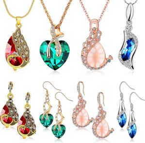MTLEE 4 Set Peacock Jewelry Sets for Women Crystal Necklace Earrings Rhinestone Waterdrop Pendant Heart Charm Hook Earrings Indian Jewelry Set for Mother’s Gift Valentine’s Gifts Lover Ladies