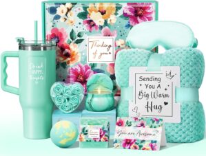 Birthday Gifts for Women Self Care Gifts Get Well Soon Gifts, Ocean Relaxing Spa Gifts Basket Care Package w/ Luxury Flannel Blanket 40 oz Tumbler, Mothers Day Gifts for Mom Wife Her Girlfriend Sister