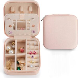 Mini Jewelry Travel Case,Small Jewelry Box,Traveling Jewelry Organizer,Portable Jewellery Storage Holder for Rings Earrings Necklace Bracelet Boxes for Girls Women | Pink-Mirror