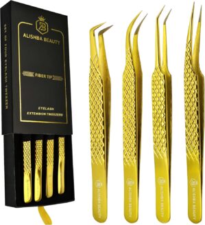 Alishba Beauty Eyelash Extension Tweezers, Precision Fiber Tip Grip Japanese Stainless Steel (Set of 4 Eyelash Tweezer) (GOLD)