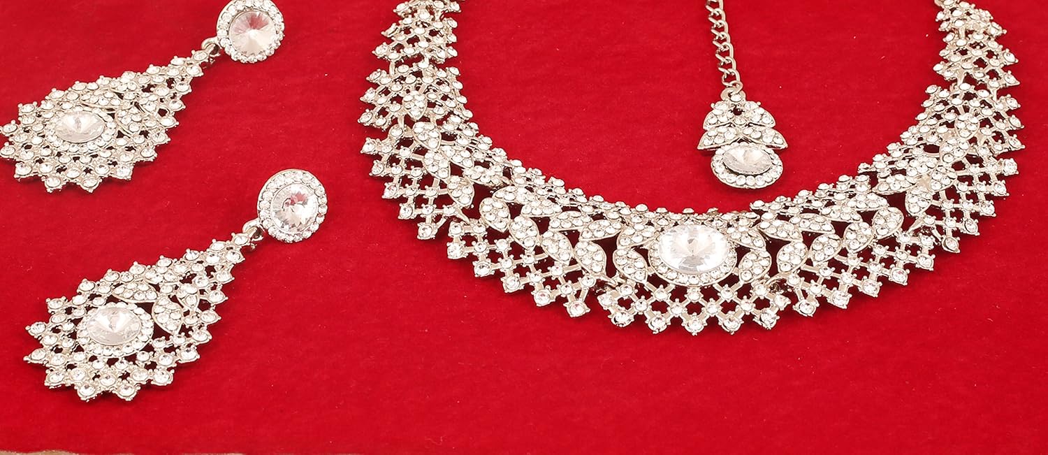 Touchstone Indian jewelry set for women rhinestone bridal necklace statement wedding brides earring formal big designer collar style trendy desi rhinestones maang tikka fashion in gold or silver tone - Image 8