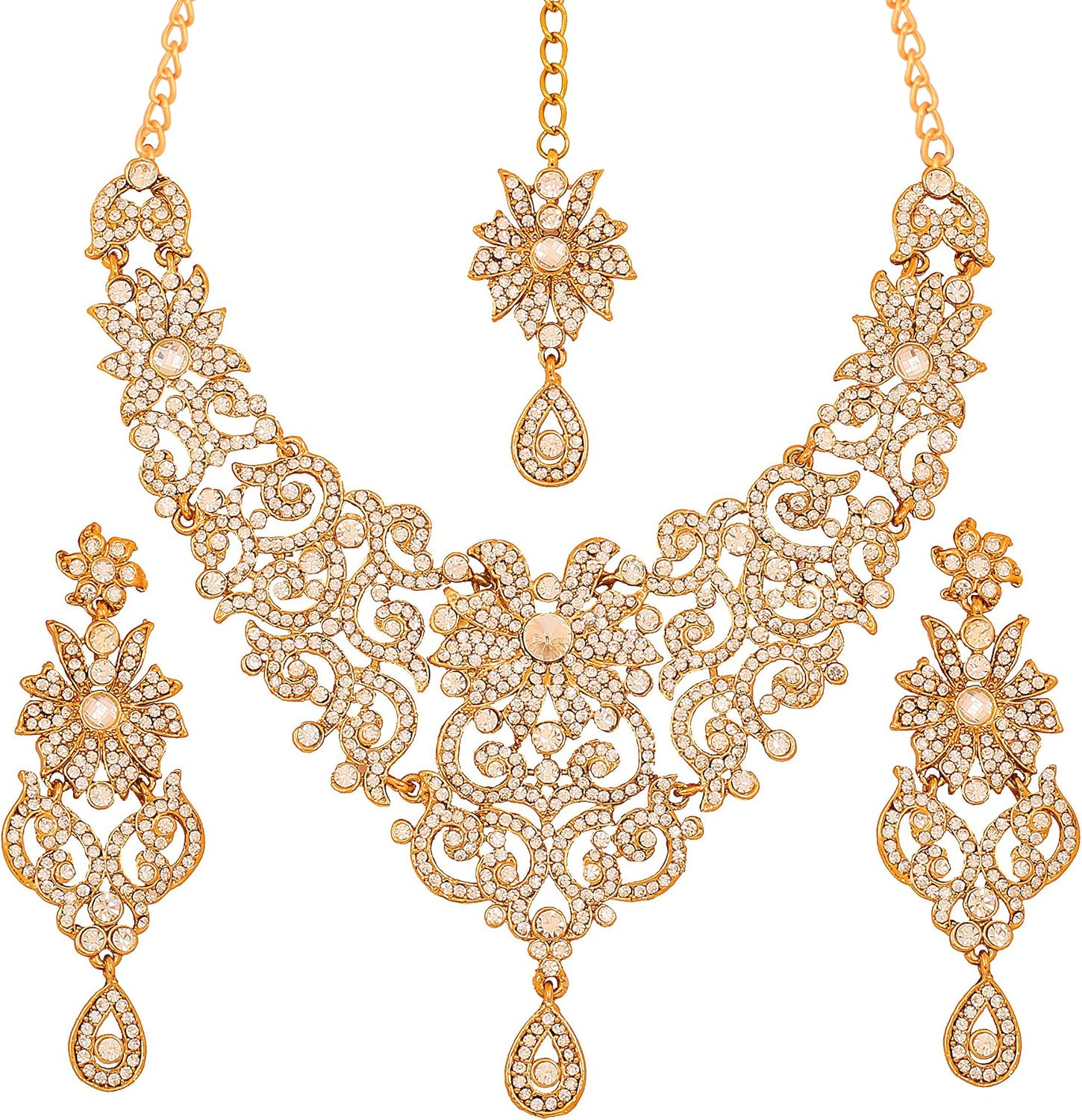 Touchstone Indian Jewelry Sets for Women Bollywood Wedding Bridal Necklace desi Earrings Formal Fancy Rhinestone India Designer Jewellery Punjabi Tikka Set in Antique Gold or Silver or White Tone