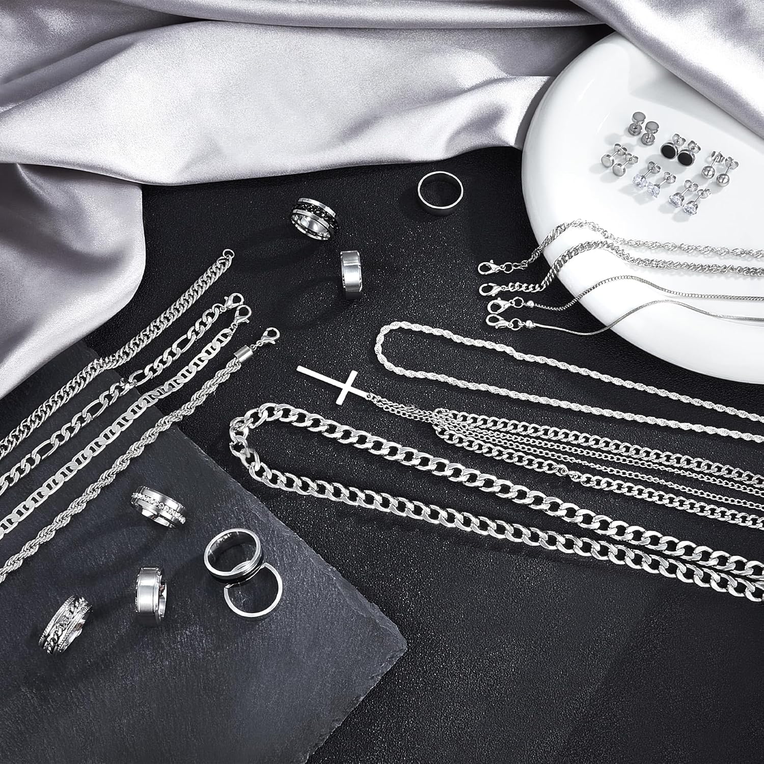 33 Pcs Silver Jewelry Set for Men Stainless Steel Band Ring Cuban Link Necklace Bracelet Hoop Stud Earrings Mens Jewelry Set - Image 2