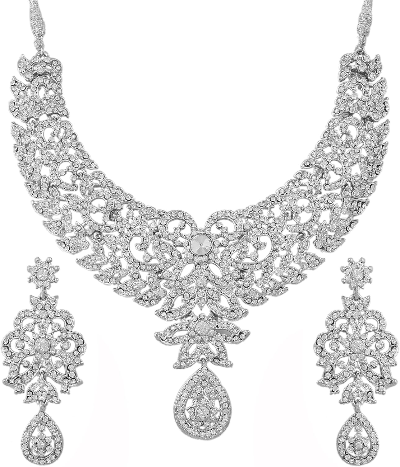 Touchstone Hollywood Glamour Pretty Filigree Paisley Motif Rhinestones Studded Diamond Look Designer Bridal Jewelry Hasli Necklace Set For Women In Antique Gold or White or Silver Tone.
