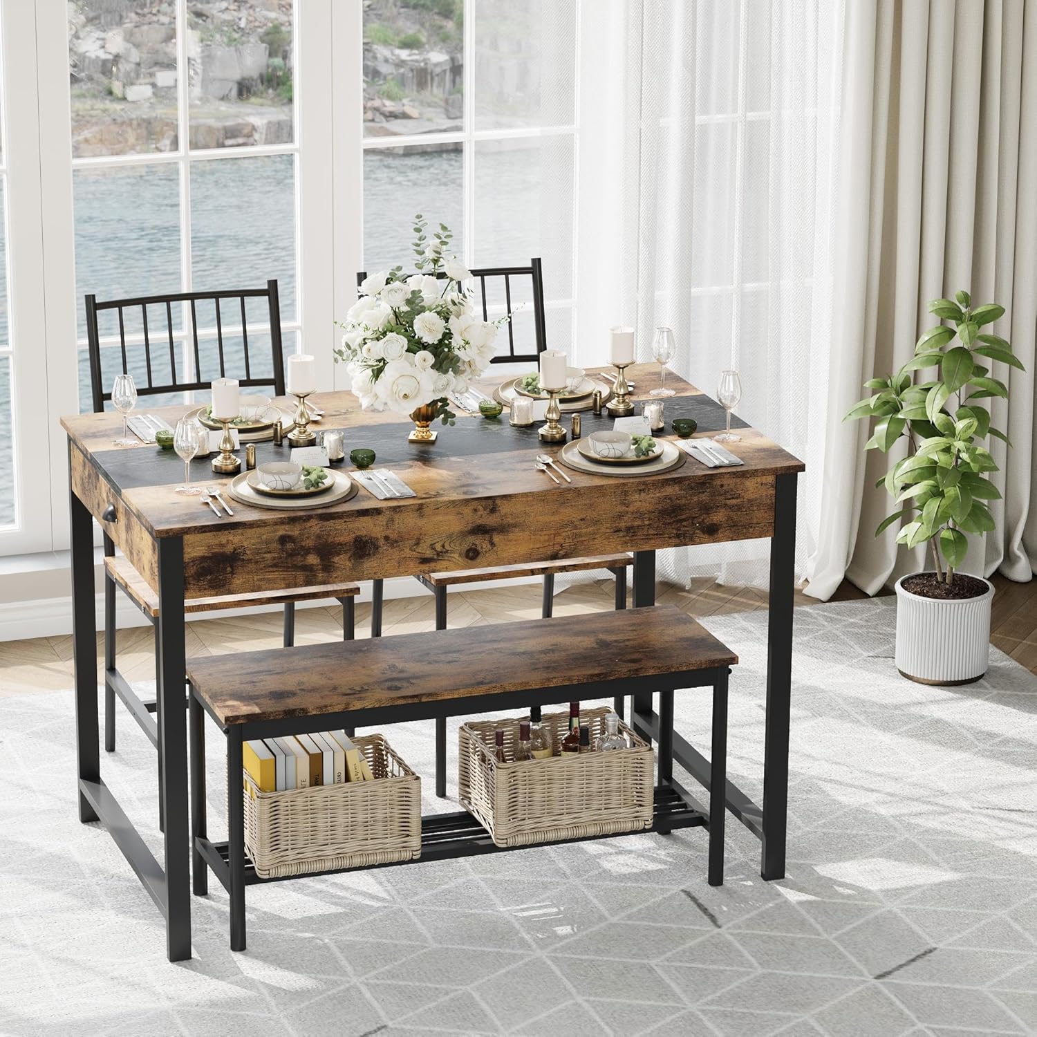 GarveeHome Dining Table Set for 4, Small Kitchen Table and 2 Chairs for 4 with Bench, Space Saving Kitchen Table Set with Storage Rack & Drawers, Breakfast Nook Rectangular Farmhouse Table Set,Retror - Image 7