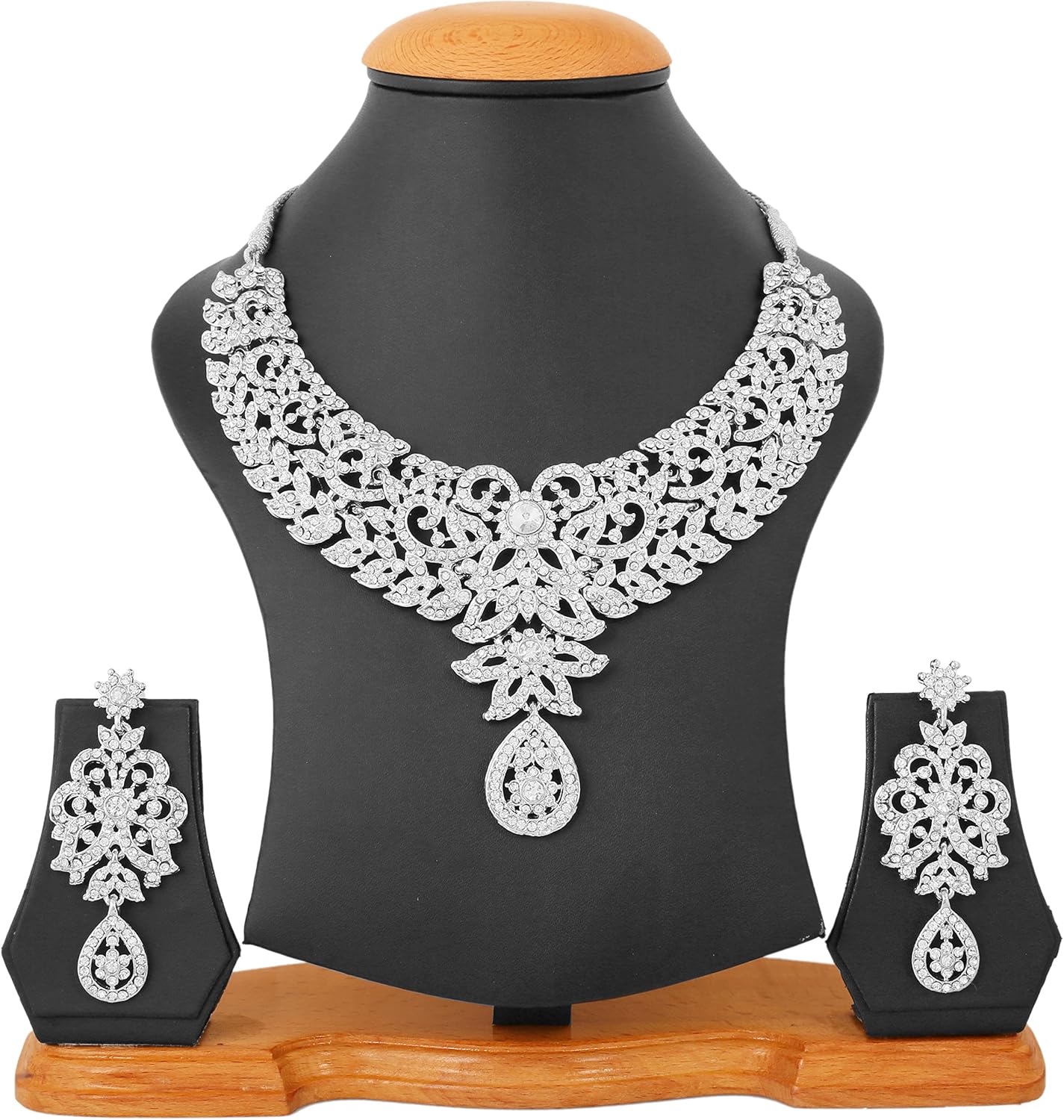 Touchstone Hollywood Glamour Pretty Filigree Paisley Motif Rhinestones Studded Diamond Look Designer Bridal Jewelry Hasli Necklace Set For Women In Antique Gold or White or Silver Tone. - Image 3
