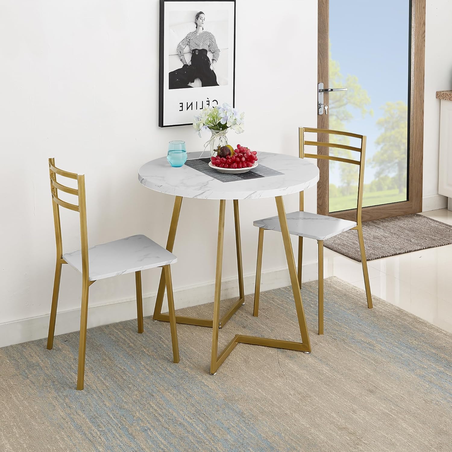 VECELO Round Dining Room Table with Wood Grain Tabletop and Steel Frame, for Kitchen, Living Room, Office, Conference, 2 to 4 Person, White & Gold - Image 2