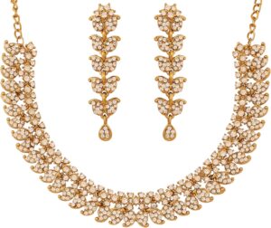 Touchstone Indian jewelry sets for women wedding necklace set gold statement jewellery bollywood rhinestones formal evening joyeria in antique gold or white tone paisley motif.