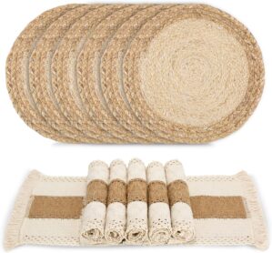 Handmade Boho Placemats Set of 6 – Natural Cotton Burlap and Water Straw Woven Combination Table Mats, Macrame Décor and Farmhouse Style Placemats, for Dining Table Kitchen
