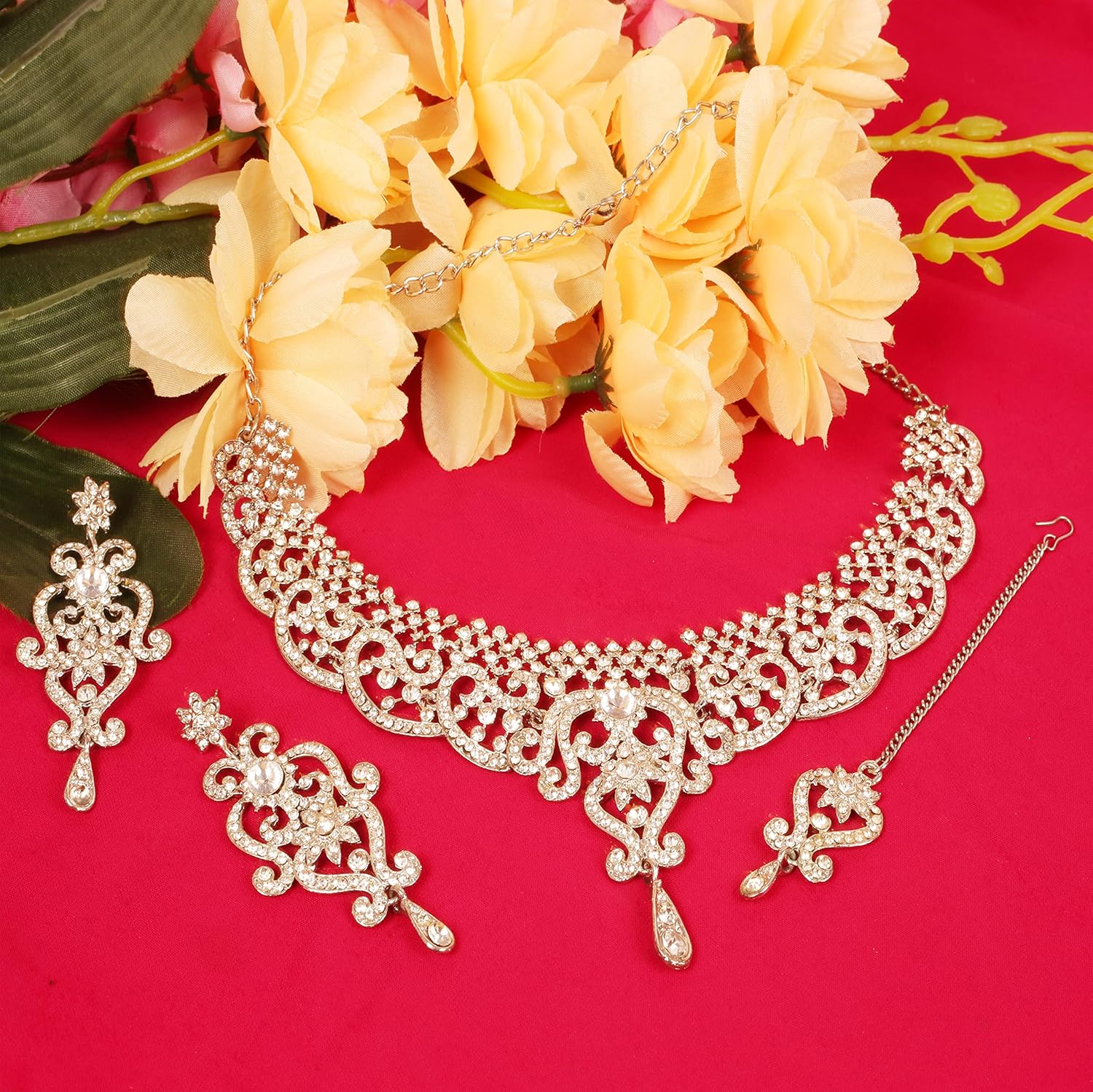 Touchstone Indian jewelry set for women bollywood gold jewellery wedding outfits necklace sets earrings bridal maang tikka fancy costume girls big desi accessories rhinestone in gold or silver tone - Image 4