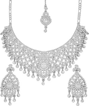 Touchstone Indian Bollywood Masterly Created Sparkling Rhinestones Studded Look Grand Bridal Jewelry Necklace Earrings Mangtika Set In Silver or White or Gold Tone For Women.