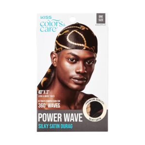 KISS COLORS & CARE Luxe Power Wave Silky Satin Durag, Premium Quality, Black and Gold, 40″ x 3″, Long and Wide Tails, Ultimate Compression, One Size, One Piece