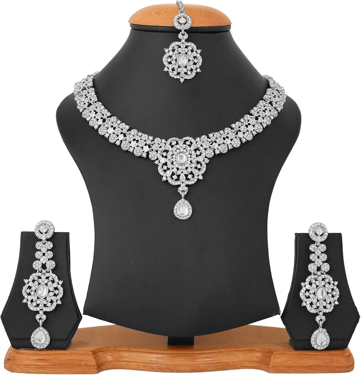 Touchstone Indian Bollywood Desire Enchanting Floral Diamond Studded Look Rhinestone Bridal Designer Jewelry Necklace Set In Gold or White Tone For Women. - Image 4
