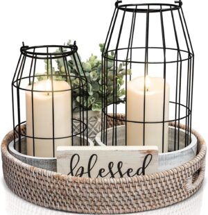 Rustic Farmhouse Lantern Decor Set of 2 – Stylish Decorative Lanterns for Your Living Room, Fireplace Mantle or Kitchen Dining Table – Modern Upscale Beauty for Your Entire Home