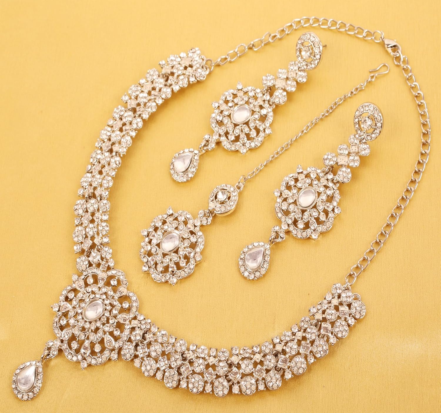 Touchstone Indian Bollywood Desire Enchanting Floral Diamond Studded Look Rhinestone Bridal Designer Jewelry Necklace Set In Gold or White Tone For Women. - Image 8