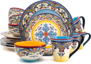 Euro Ceramica Zanzibar Collection 16 Piece Dinnerware Set Kitchen and Dining, Service for 4, Spanish Floral Design, Multicolor, Blue and Yellow