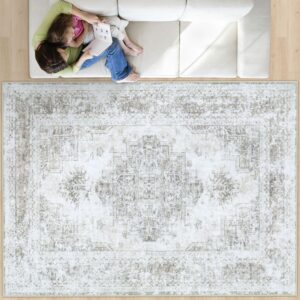 Area Rug 8×10 Living Room Rug, Machine Washable Vintage Distressed Medallion Rug Non-Slip Soft Low Pile Large Indoor Rugs for Bedroom Kitchen Dining Room Office(Taupe,8’x10′)
