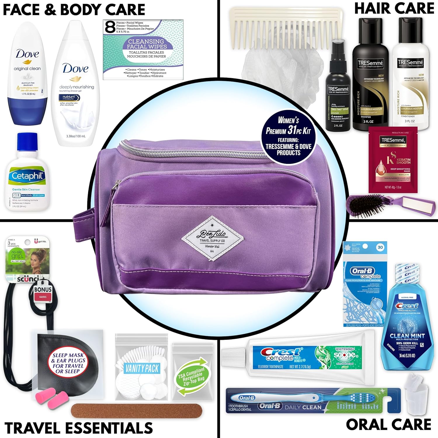 Convenience Kits International Women’s Super Premium 31 PC Travel Kit Featuring: Ensemble of Travel-Size Hair Care Products Plus Face, Body, Oral Care, Travel Essentials in Large Purple Toiletry Bag - Image 2