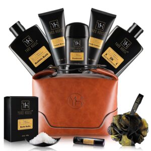 Bath and Body Gift Set for Men – Sandalwood Amber – Birthday, Christmas, Fathers Day Gifts From Wife Daughter Son for Husband, Dad – Relax Spa Kit w. Full Size Items in Deluxe Toiletry Bag